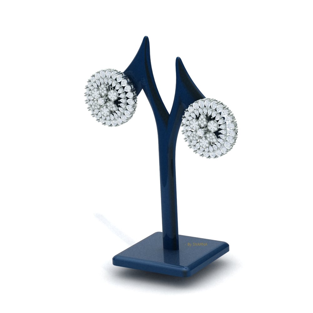 Round diamond cluster stud earrings in white gold, featuring a double halo and floral center design.